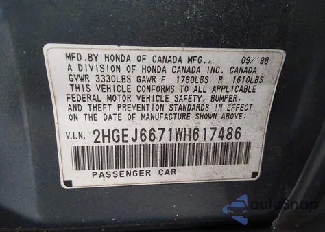 1998 Honda Civic Lx z USA, uszkodzony, nr VIN 2HGEJ6671WH617486